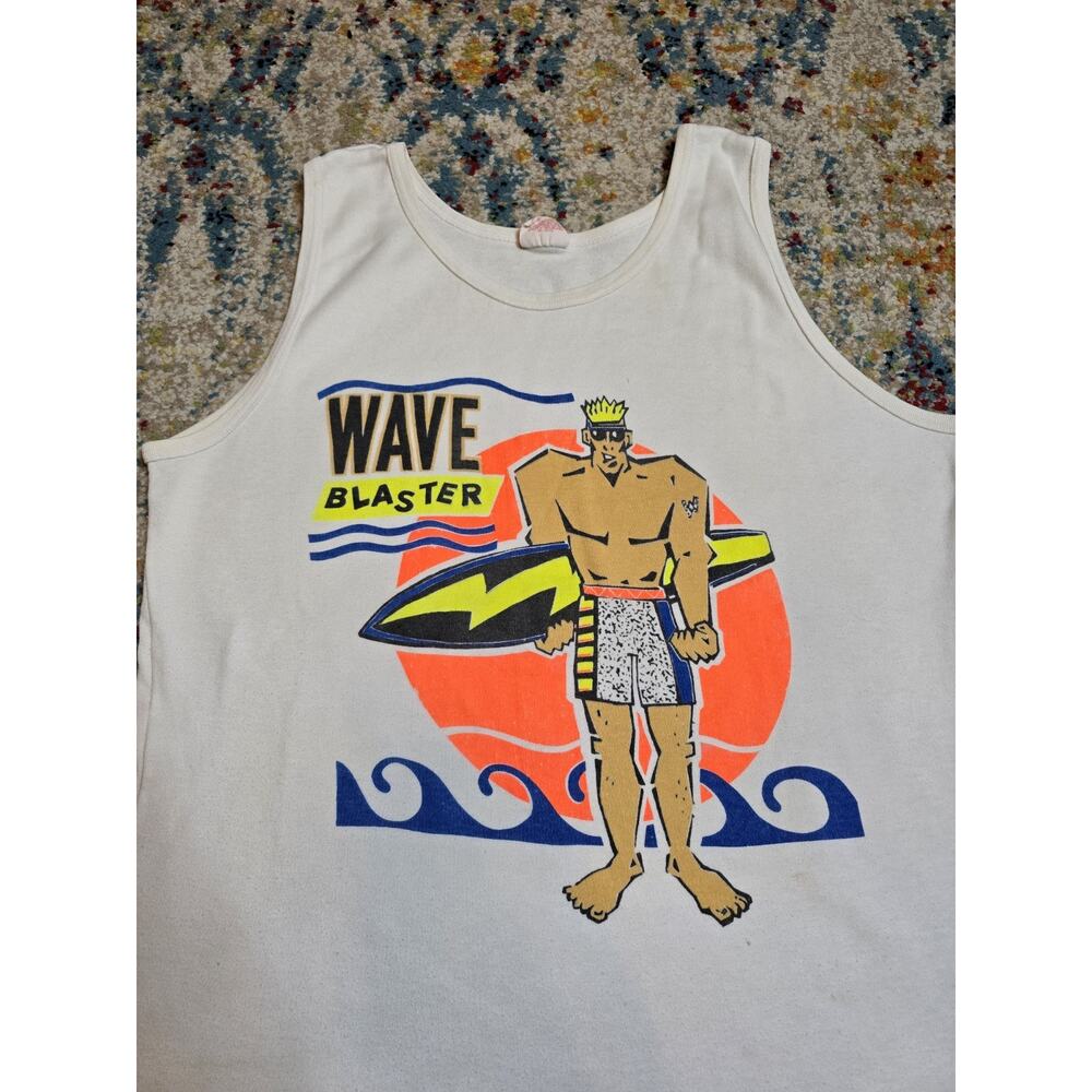 Vintage 80's Beach Surfer Ocean Wave Blaster Graphic Tank Top Size Medium White